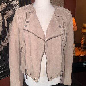 BCBGMAXAZRIA Beige Goat Leather Moto Jacket Women’s Small Asymmetrical Zip